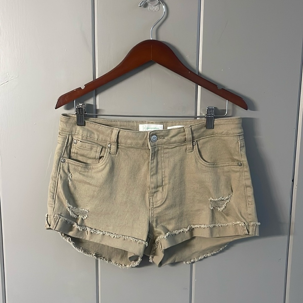 RE Generation Tan Denim Distressed Jean Shorts